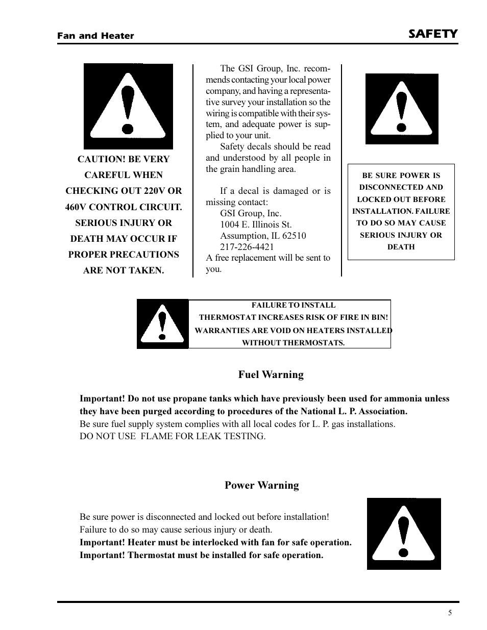 Safety, Fuel warning, Power warning | Grain Systems PNEG-377 User Manual | Page 5 / 98