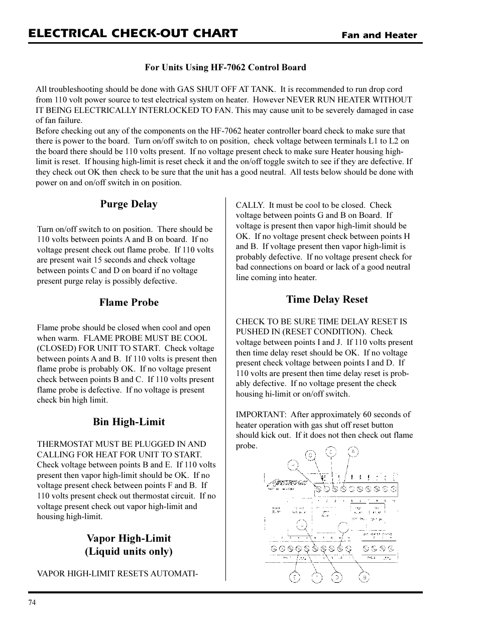 Electrical check-out chart, Purge delay, Flame probe | Bin high-limit, Vapor high-limit (liquid units only), Time delay reset | Grain Systems PNEG-377 User Manual | Page 74 / 98