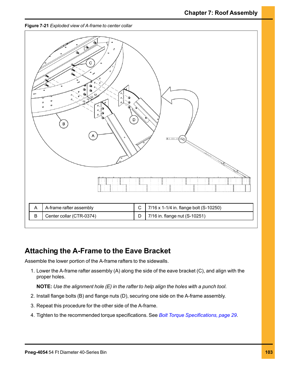 Attaching the a-frame to the eave bracket, Chapter 7: roof assembly | Grain Systems Tanks PNEG-4054 User Manual | Page 103 / 164