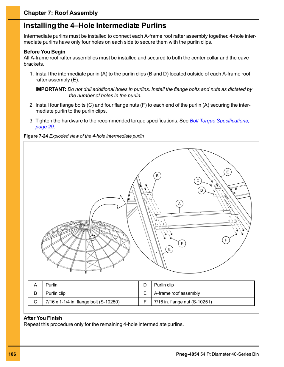 Installing the 4–hole intermediate purlins, Chapter 7: roof assembly | Grain Systems Tanks PNEG-4054 User Manual | Page 106 / 164