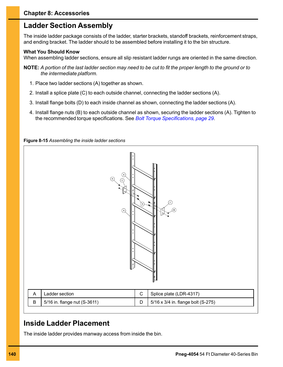 Ladder section assembly, Inside ladder placement, Ladder section assembly inside ladder placement | Grain Systems Tanks PNEG-4054 User Manual | Page 140 / 164
