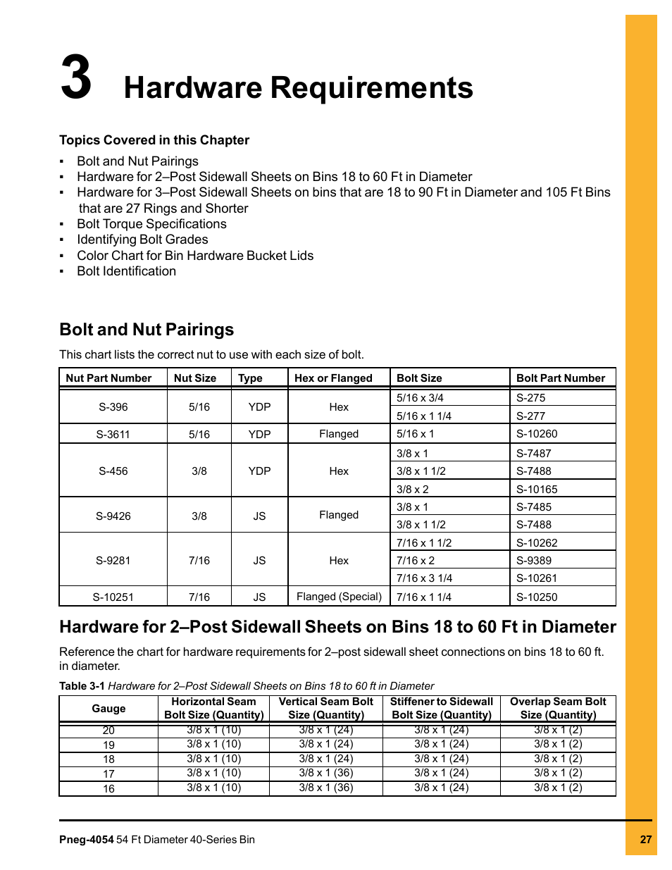 Chapter 3 hardware requirements, Bolt and nut pairings, Chapter 3 | Hardware requirements | Grain Systems Tanks PNEG-4054 User Manual | Page 27 / 164