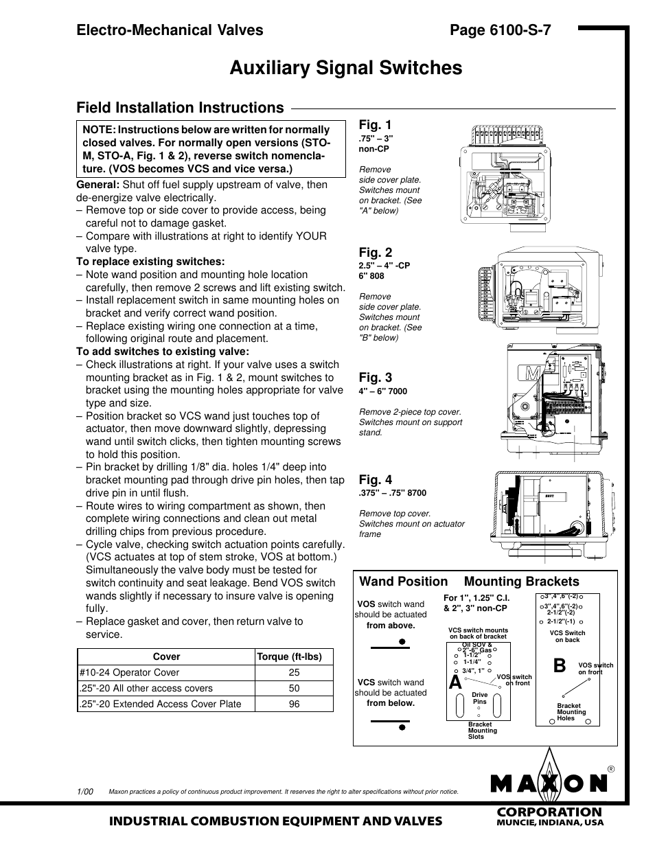 Auxiliary signal switches, Field installation instructions, Corporation | Industrial combustion equipment and valves, Fig. 1, Fig. 2, Fig. 3, Fig. 4, Wand position mounting brackets | Grain Systems PNEG-526 User Manual | Page 121 / 192