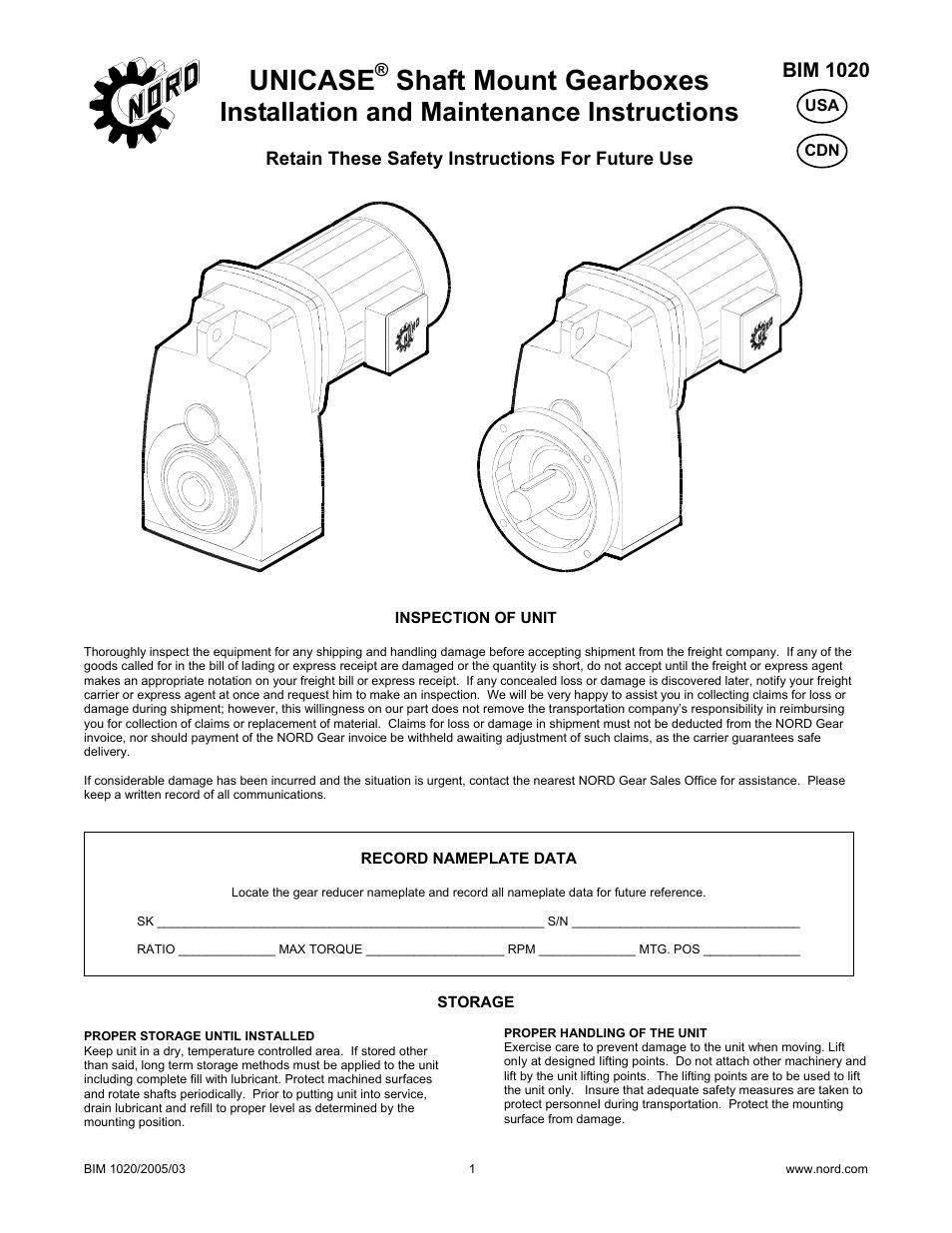Unicase, Shaft mount gearboxes, Installation and maintenance instructions | Bim 1020 | Grain Systems PNEG-526 User Manual | Page 129 / 192