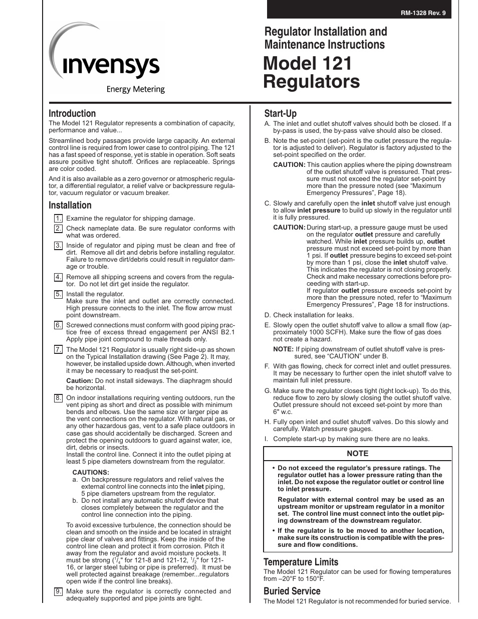 Model 121 regulators, Introduction, Installation | Start-up, Temperature limits, Buried service | Grain Systems PNEG-526 User Manual | Page 169 / 192