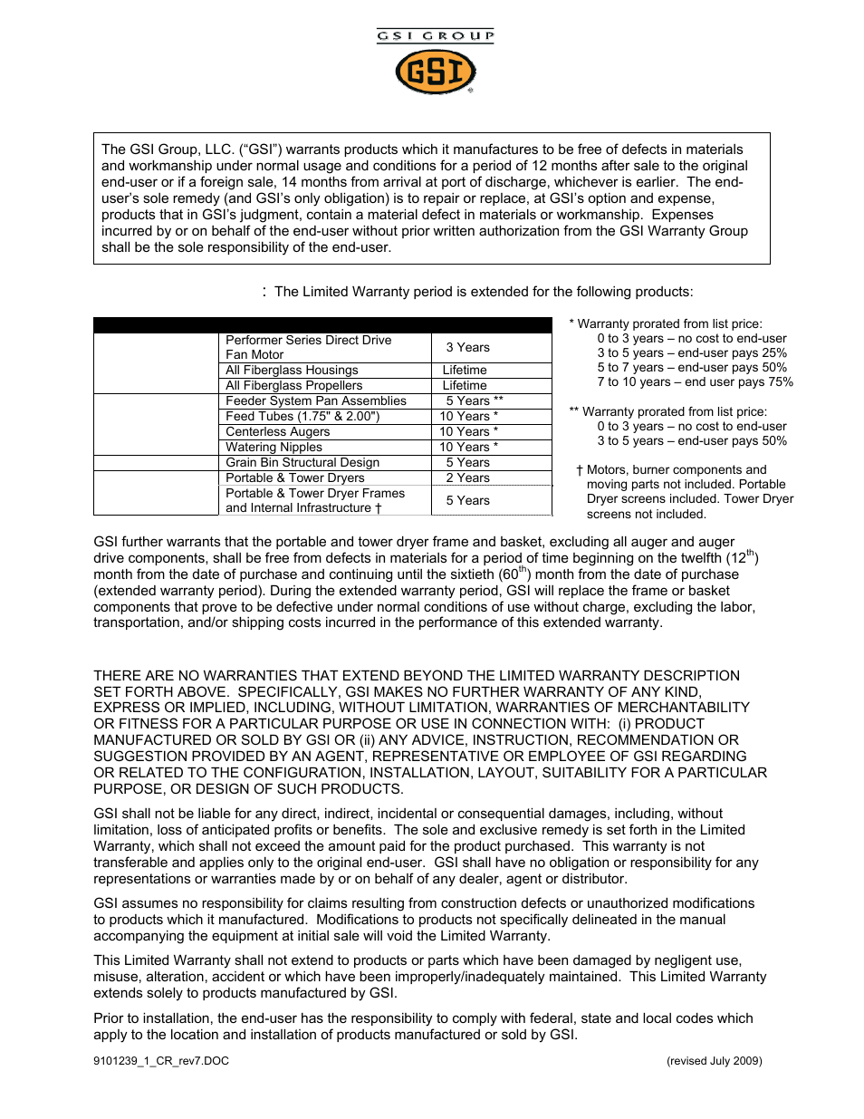 Limited warranty, Warranty extensions, Conditions and limitations | Grain Systems PNEG-526 User Manual | Page 191 / 192