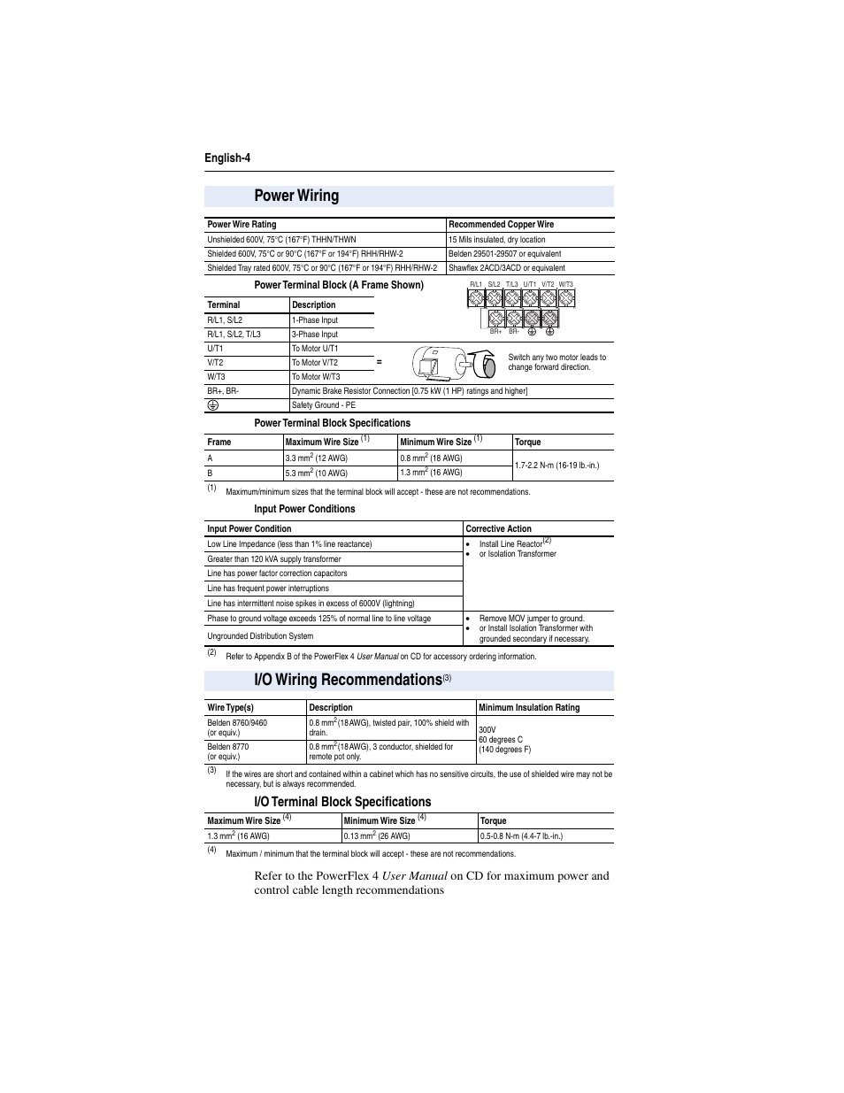 Power wiring, I/o wiring recommendations, I/o terminal block specifications | English-4 | Grain Systems PNEG-526 User Manual | Page 84 / 192