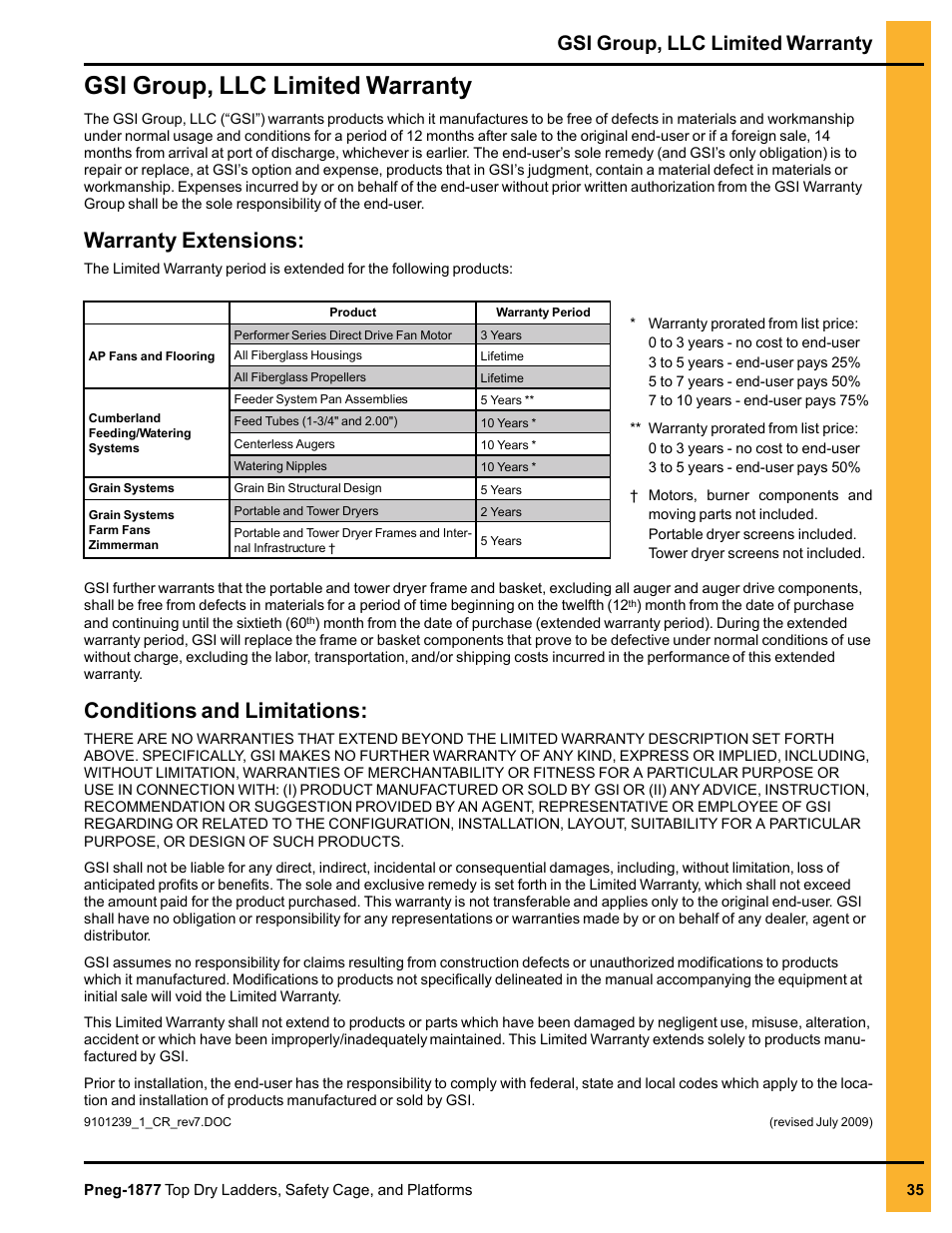 Warranty extensions, Conditions and limitations, Gsi group, llc limited warranty | Grain Systems PNEG-1877 User Manual | Page 35 / 36
