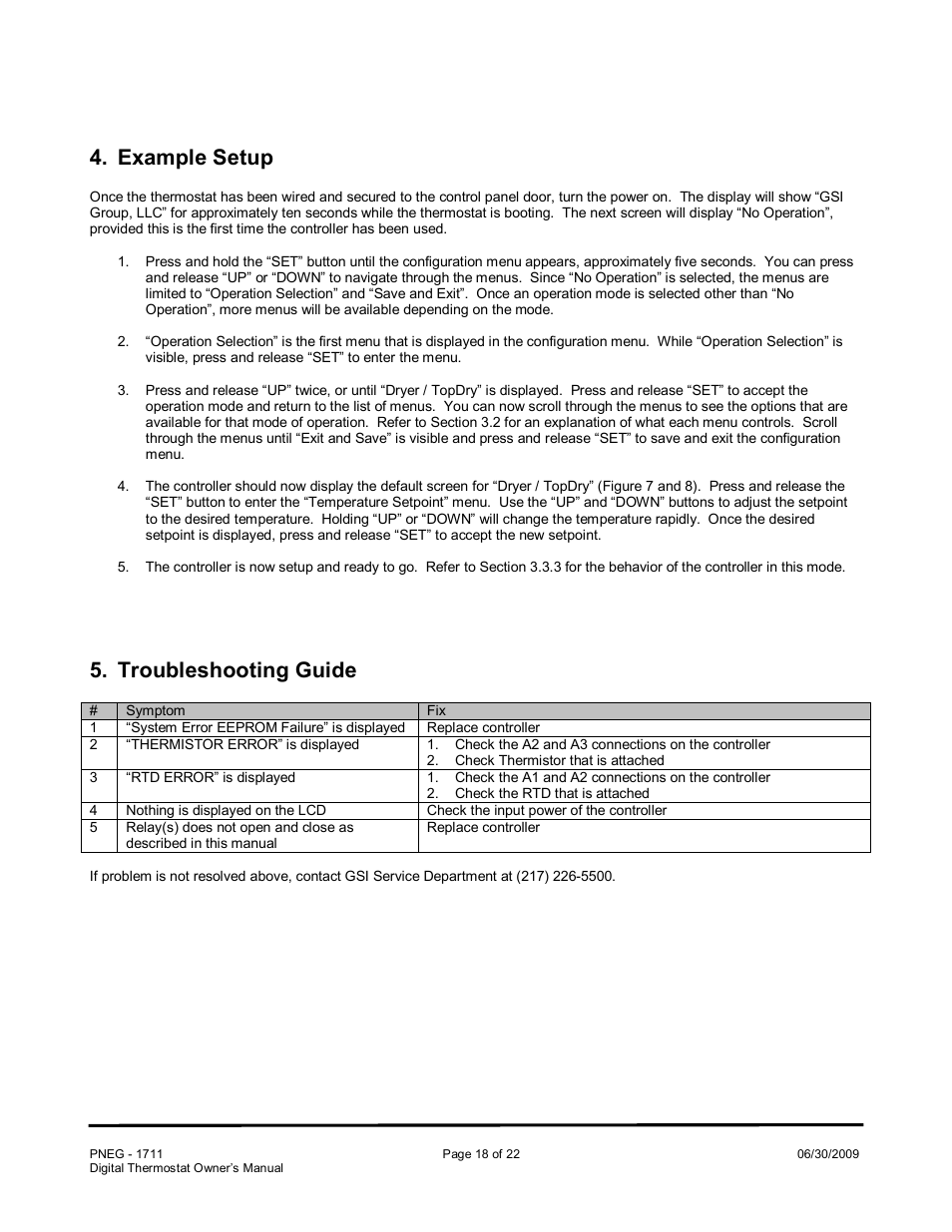 Example setup, Troubleshooting guide | Grain Systems PNEG-1711 User Manual | Page 18 / 22