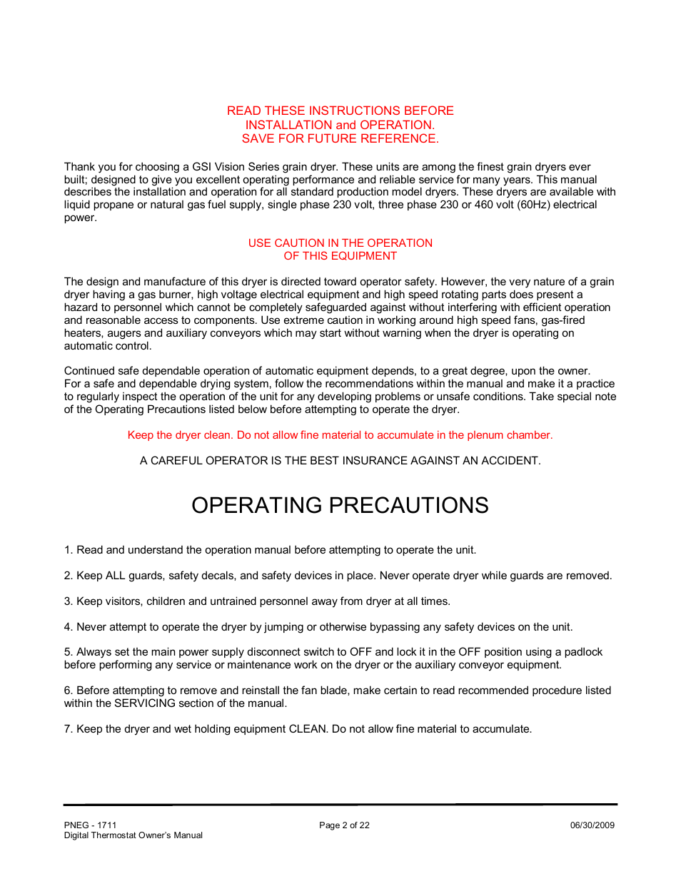 Operating precautions | Grain Systems PNEG-1711 User Manual | Page 2 / 22