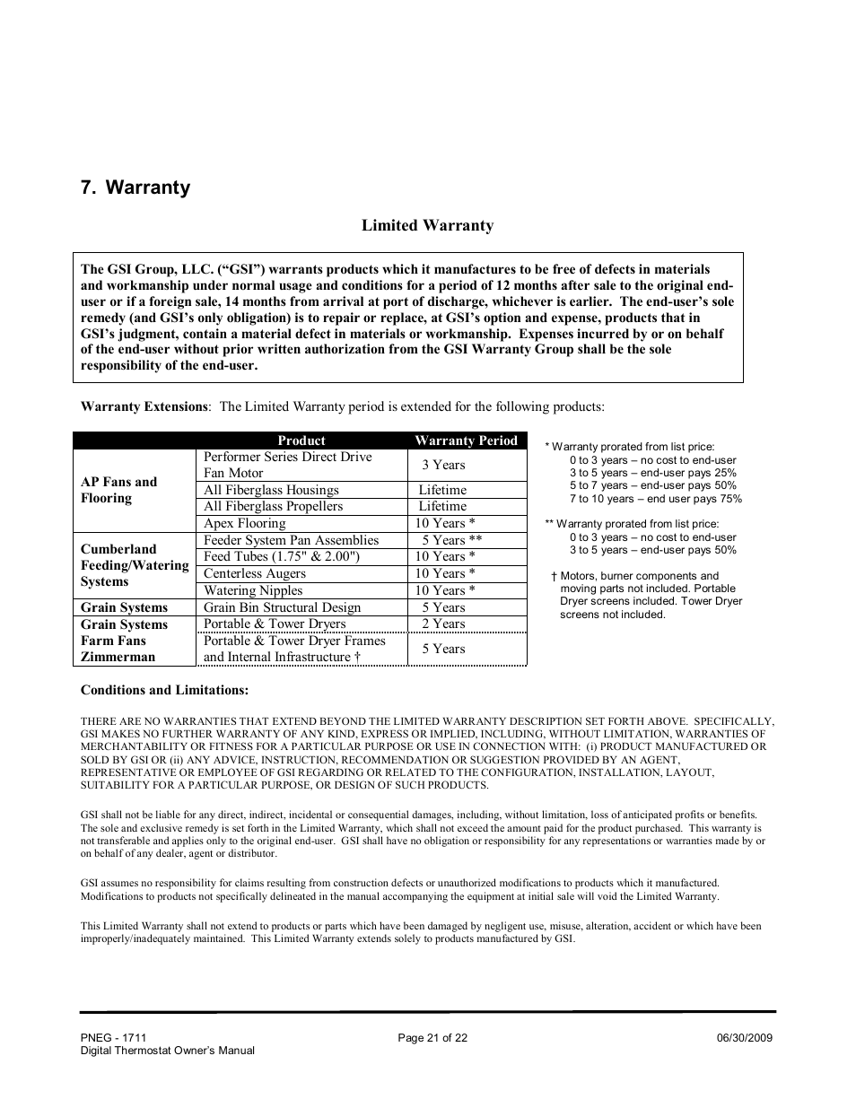 Warranty, Limited warranty | Grain Systems PNEG-1711 User Manual | Page 21 / 22