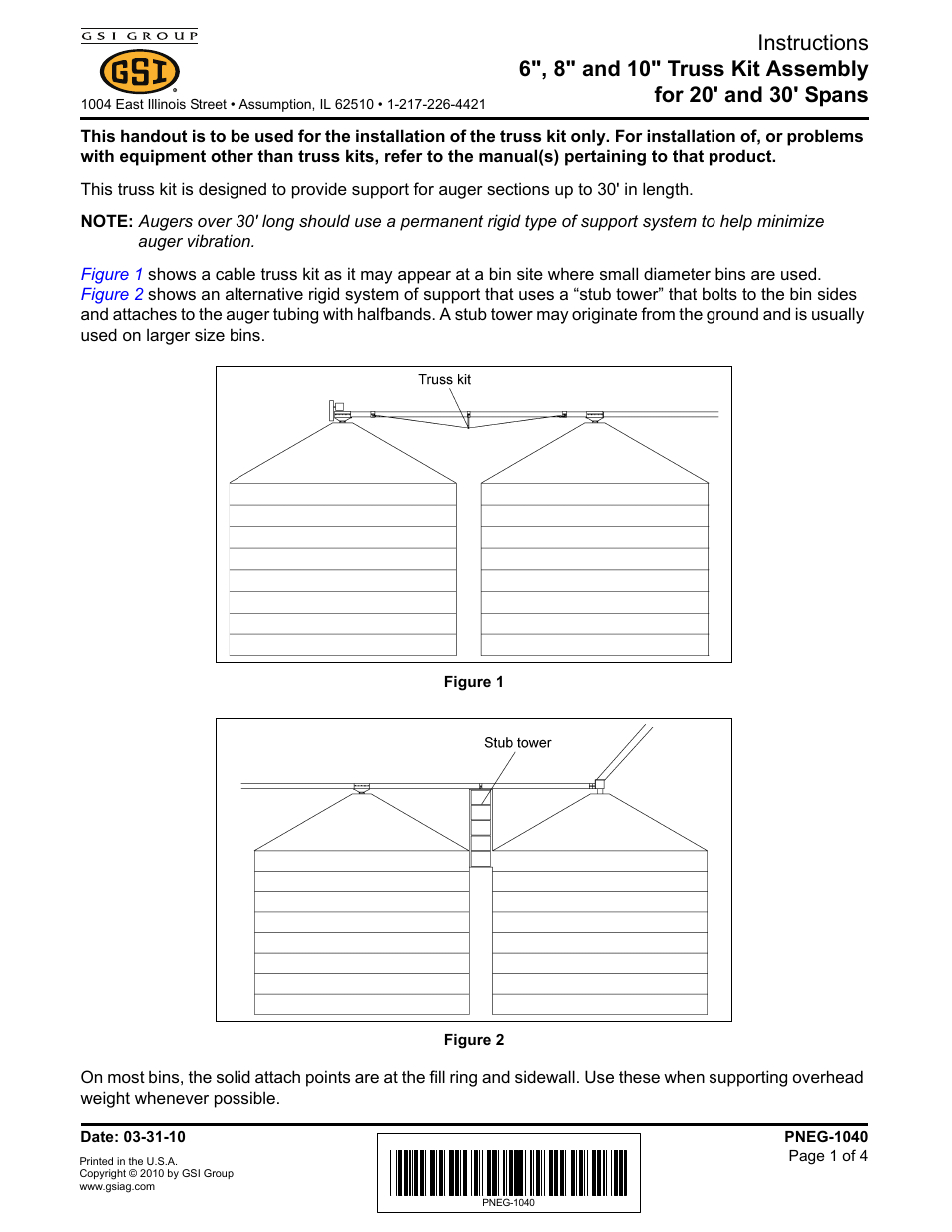 Grain Systems Unload Augers PNEG-1040 User Manual | 4 pages