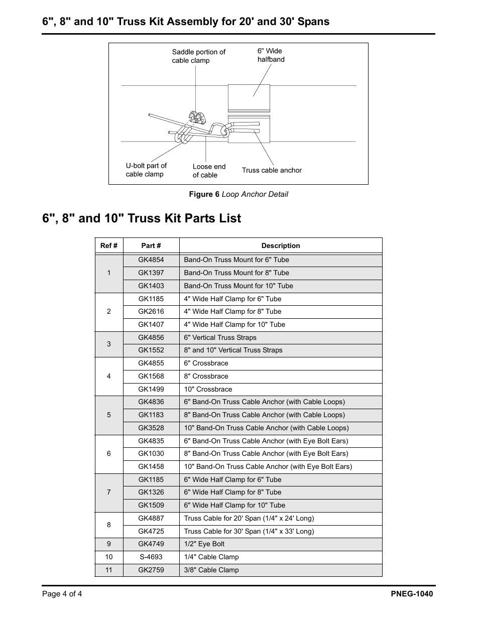 The cable, 6", 8" and 10" truss kit parts list | Grain Systems Unload Augers PNEG-1040 User Manual | Page 4 / 4