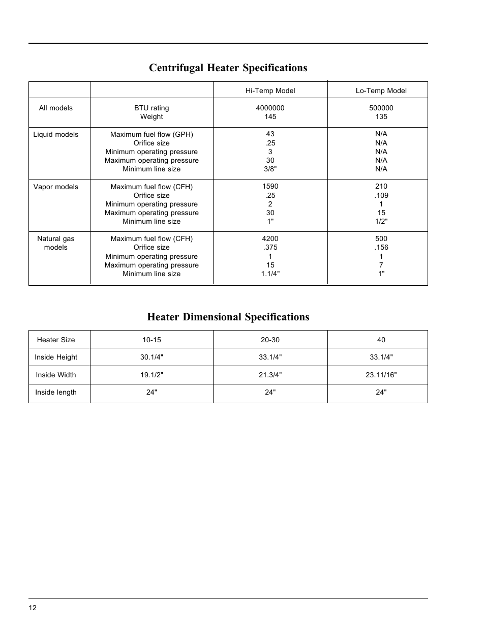Installation, Centrifugal heater specifications, Heater dimensional specifications | Deluxe centrifugal heater | Grain Systems PNEG-588 User Manual | Page 12 / 33
