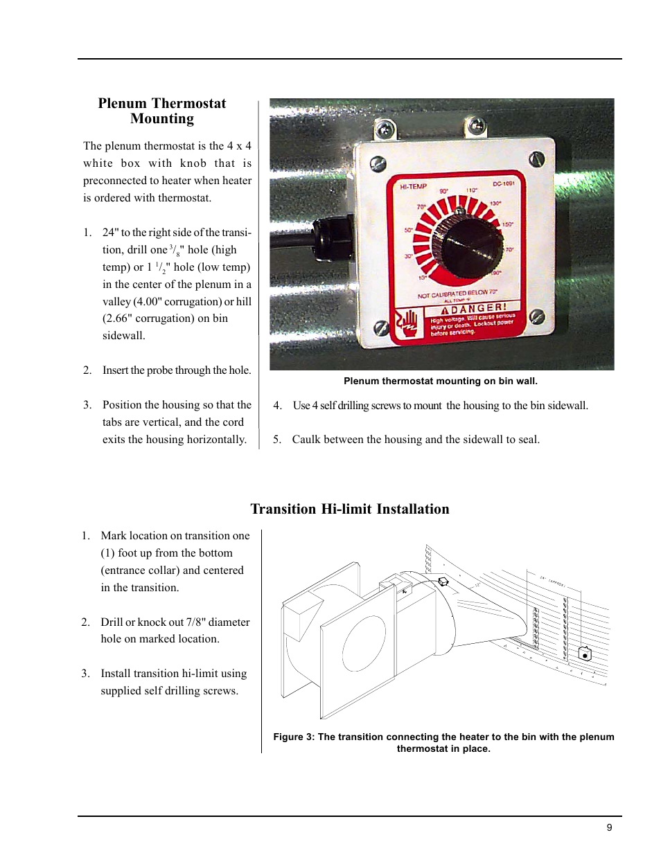 Installation, Transition hi-limit installation, Plenum thermostat mounting | Grain Systems PNEG-588 User Manual | Page 9 / 33