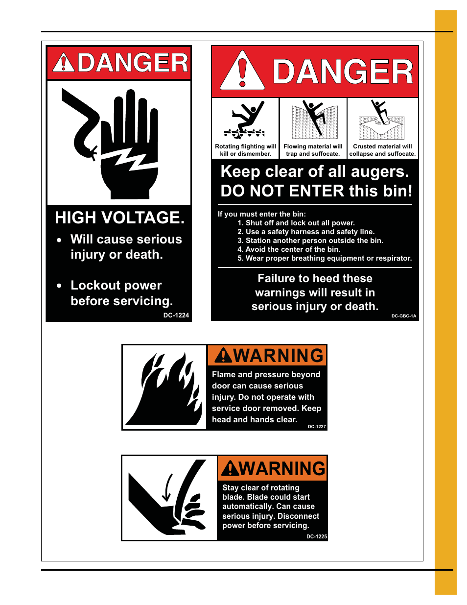 Warning, High voltage, Keep clear of all augers. do not enter this bin | Grain Systems PNEG-634 User Manual | Page 9 / 38