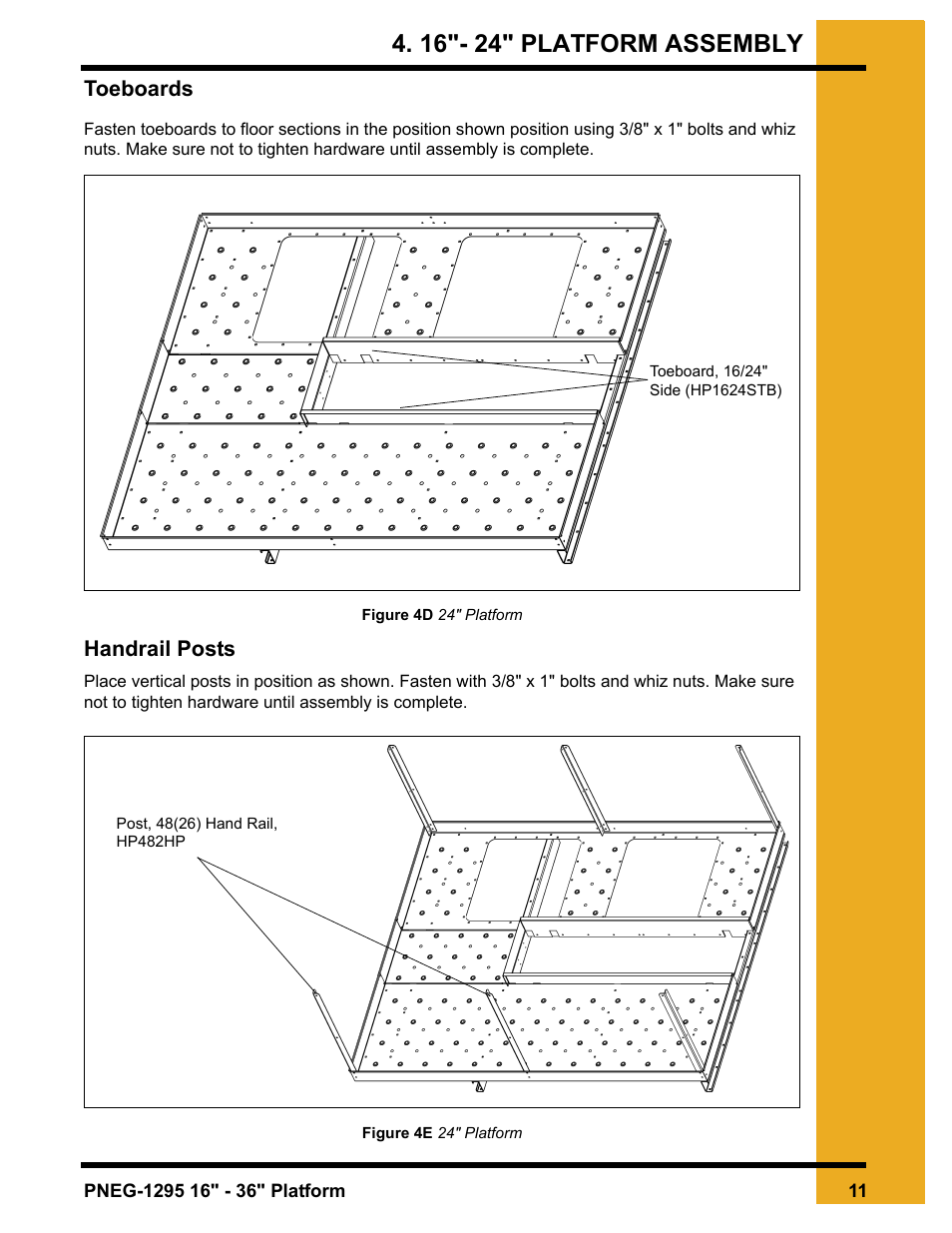 Toeboards handrail posts, 16"- 24" platform assembly | Grain Systems Bucket Elevtors, Conveyors, Series II Sweeps PNEG-1295 User Manual | Page 11 / 46