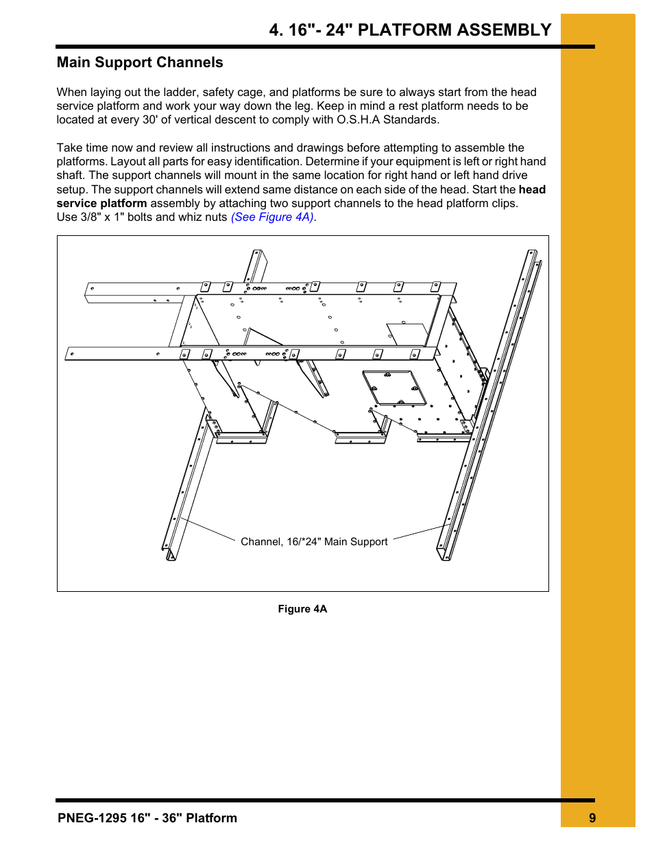 16"- 24" platform assembly, Chapter 4 16"- 24" platform assembly, Main support channels | Grain Systems Bucket Elevtors, Conveyors, Series II Sweeps PNEG-1295 User Manual | Page 9 / 46