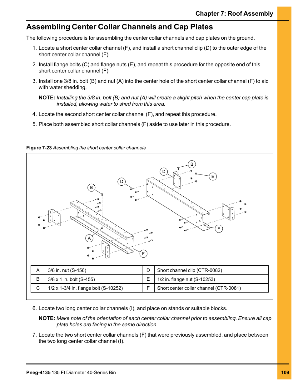 Assembling center collar channels and cap plates, Chapter 7: roof assembly | Grain Systems Tanks PNEG-4135 User Manual | Page 109 / 186