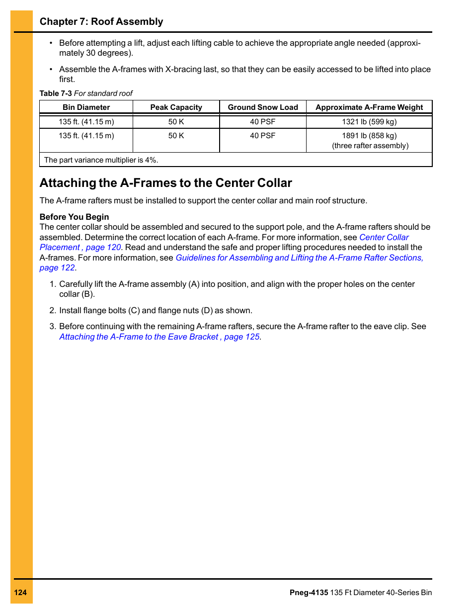 Attaching the a-frames to the center collar, Chapter 7: roof assembly | Grain Systems Tanks PNEG-4135 User Manual | Page 124 / 186