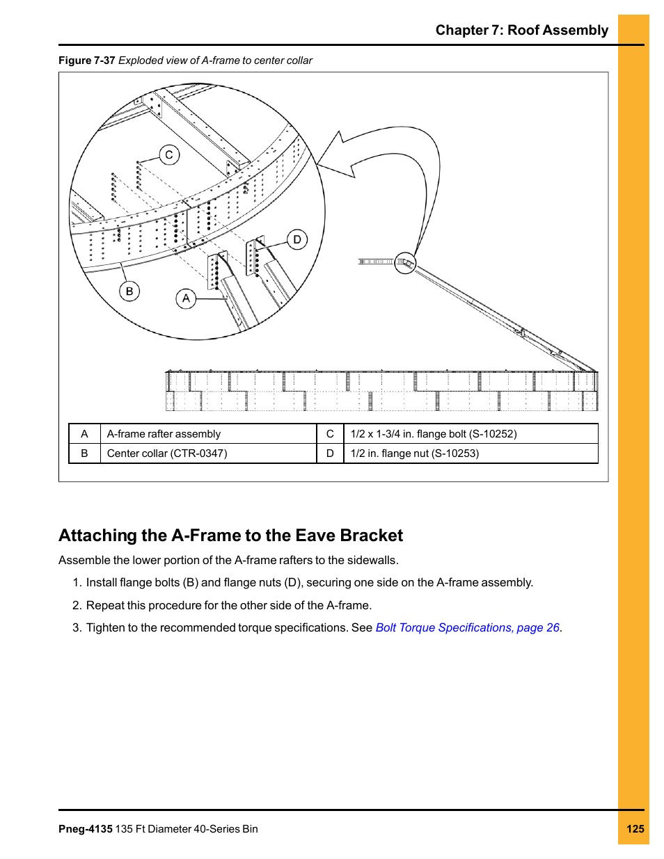 Attaching the a-frame to the eave bracket, Chapter 7: roof assembly | Grain Systems Tanks PNEG-4135 User Manual | Page 125 / 186