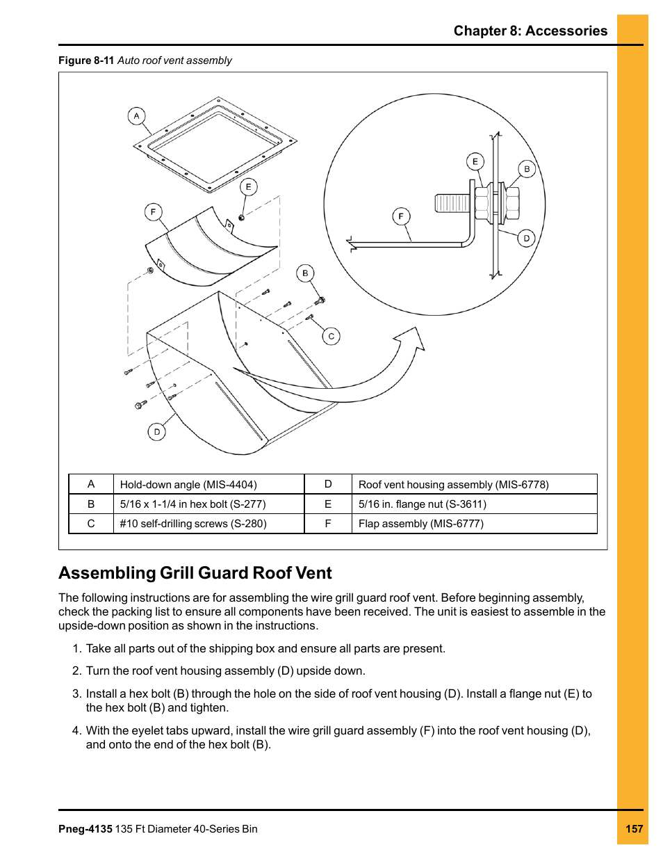 Assembling grill guard roof vent, Chapter 8: accessories | Grain Systems Tanks PNEG-4135 User Manual | Page 157 / 186