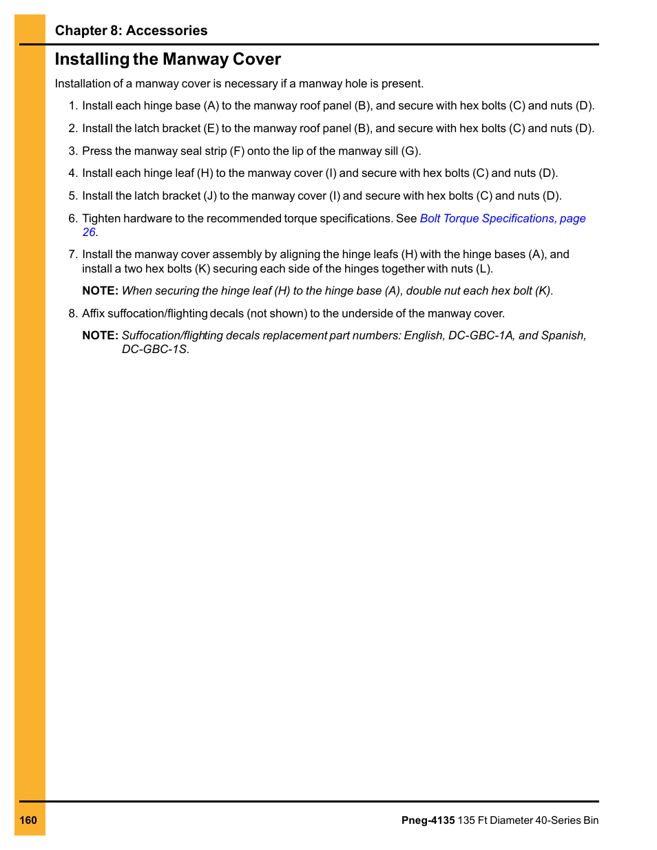 Installing the manway cover | Grain Systems Tanks PNEG-4135 User Manual | Page 160 / 186