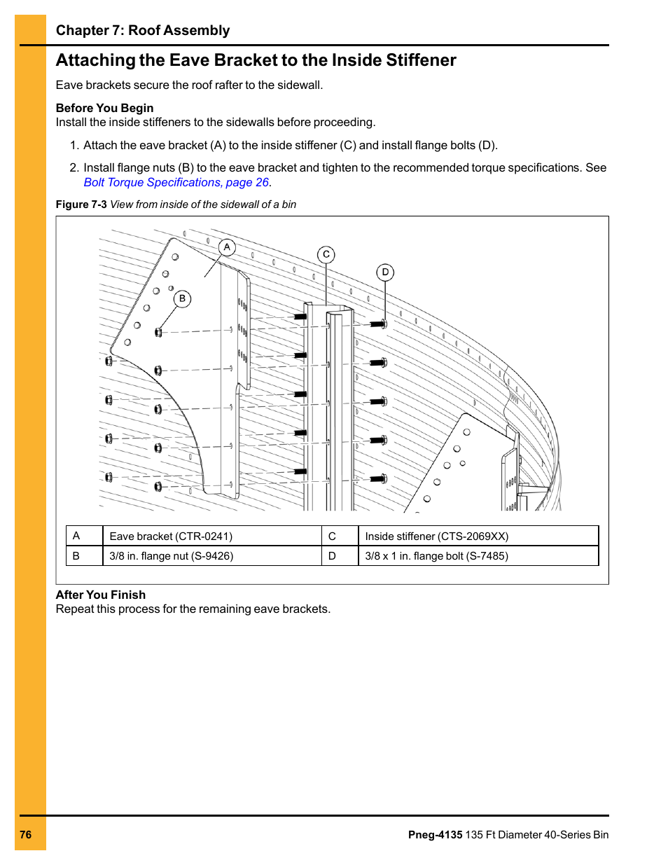 Attaching the eave bracket to the inside stiffener, Chapter 7: roof assembly | Grain Systems Tanks PNEG-4135 User Manual | Page 76 / 186