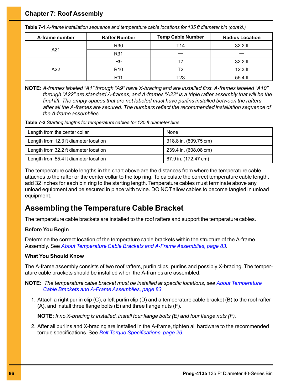 Assembling the temperature cable bracket, Chapter 7: roof assembly | Grain Systems Tanks PNEG-4135 User Manual | Page 86 / 186