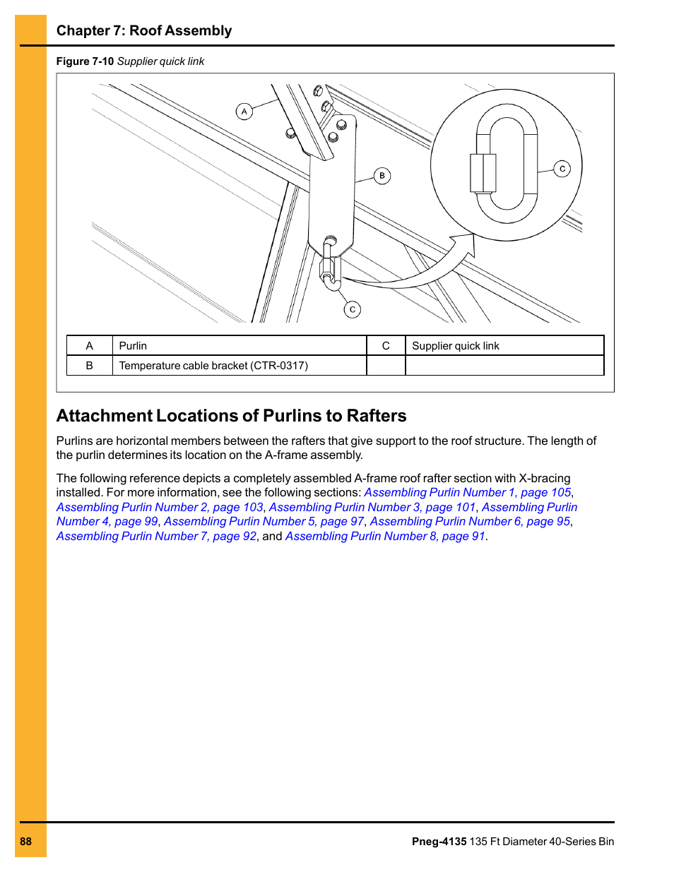 Attachment locations of purlins to rafters | Grain Systems Tanks PNEG-4135 User Manual | Page 88 / 186