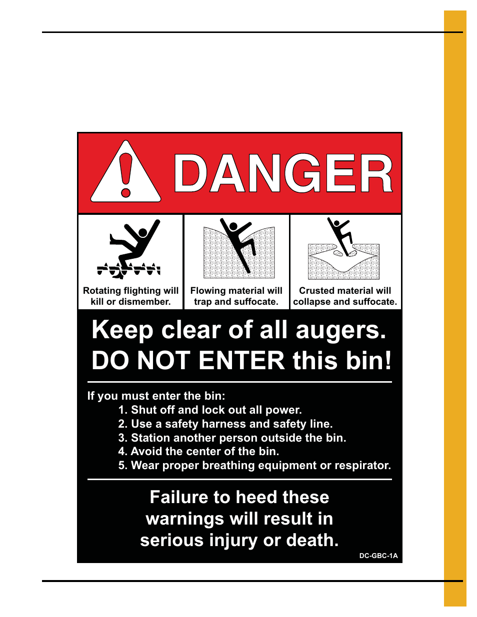 Keep clear of all augers. do not enter this bin | Grain Systems Unload Augers PNEG-1049 User Manual | Page 13 / 72