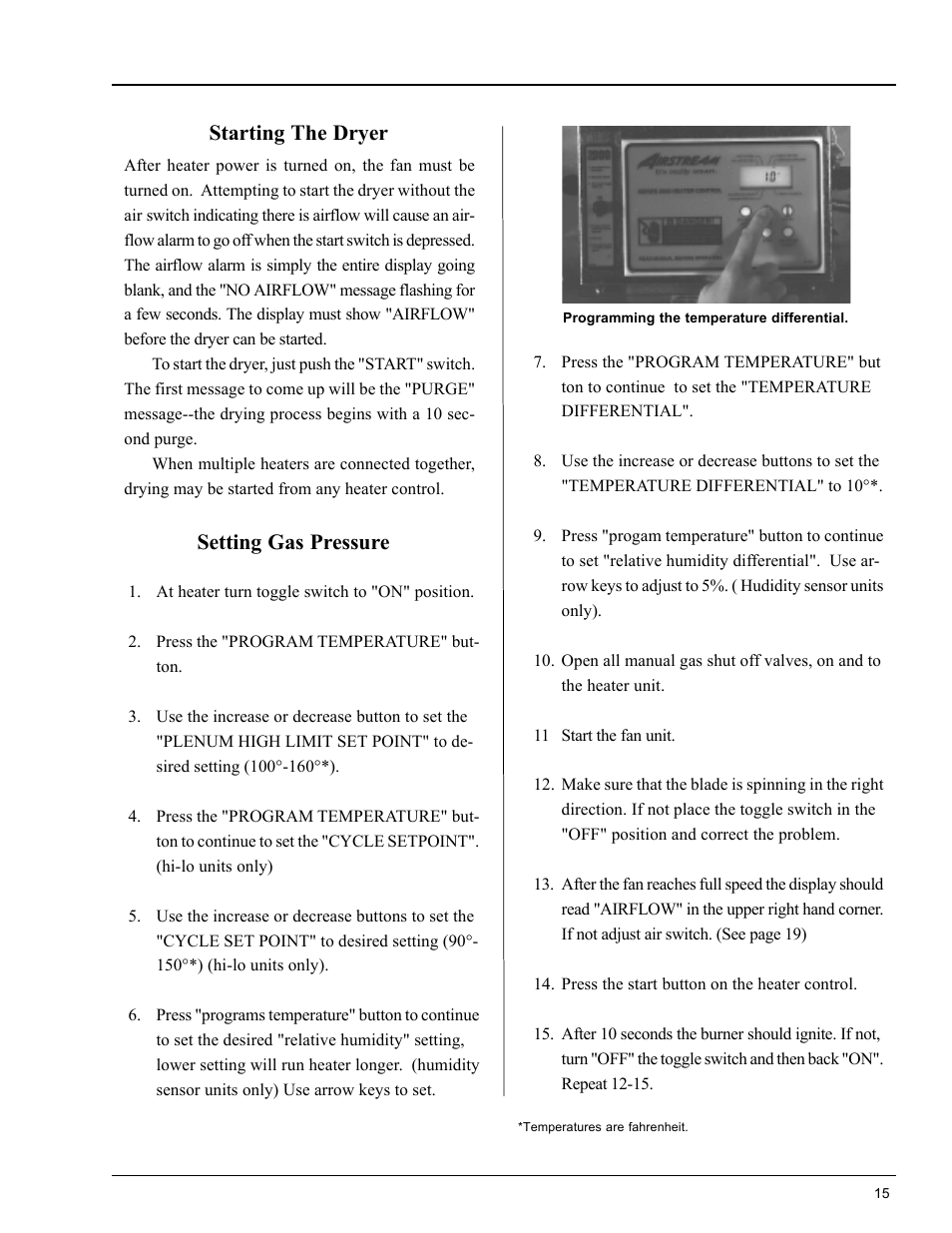Operating procedure, Setting gas pressure starting the dryer | Grain Systems PNEG-553 User Manual | Page 15 / 40