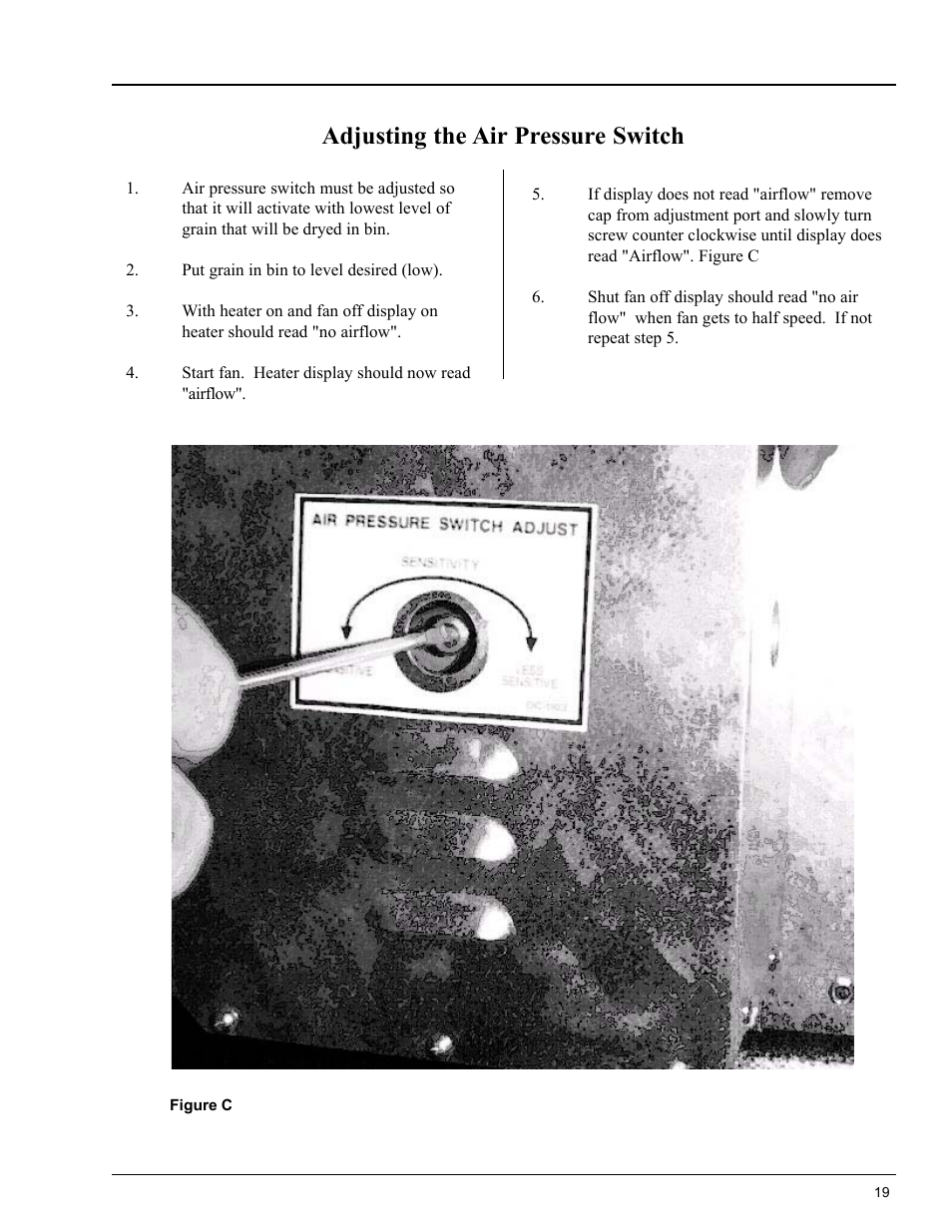 Adjusting the air pressure switch, Air pressure switch | Grain Systems PNEG-553 User Manual | Page 19 / 40