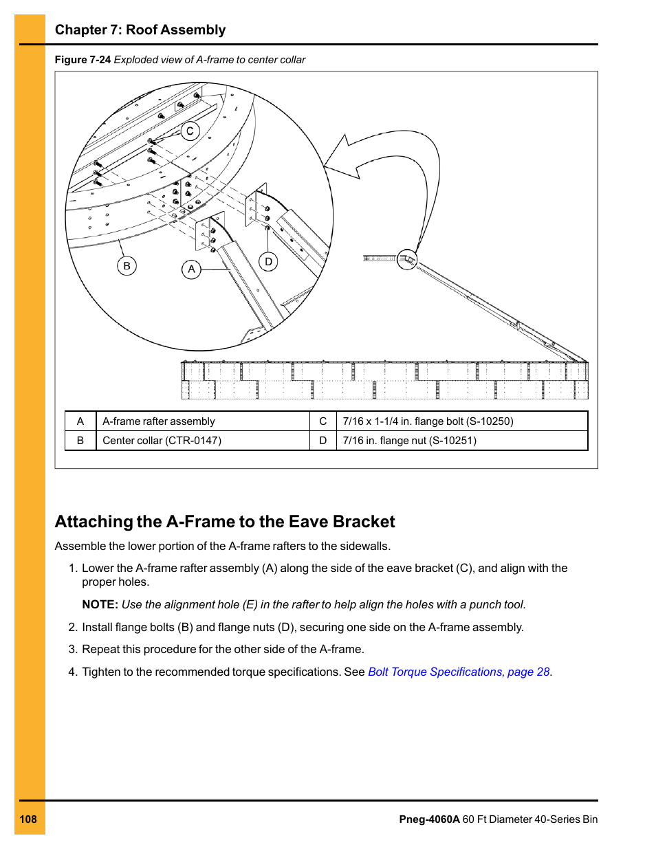 Attaching the a-frame to the eave bracket, Chapter 7: roof assembly | Grain Systems Tanks PNEG-4060A User Manual | Page 108 / 168