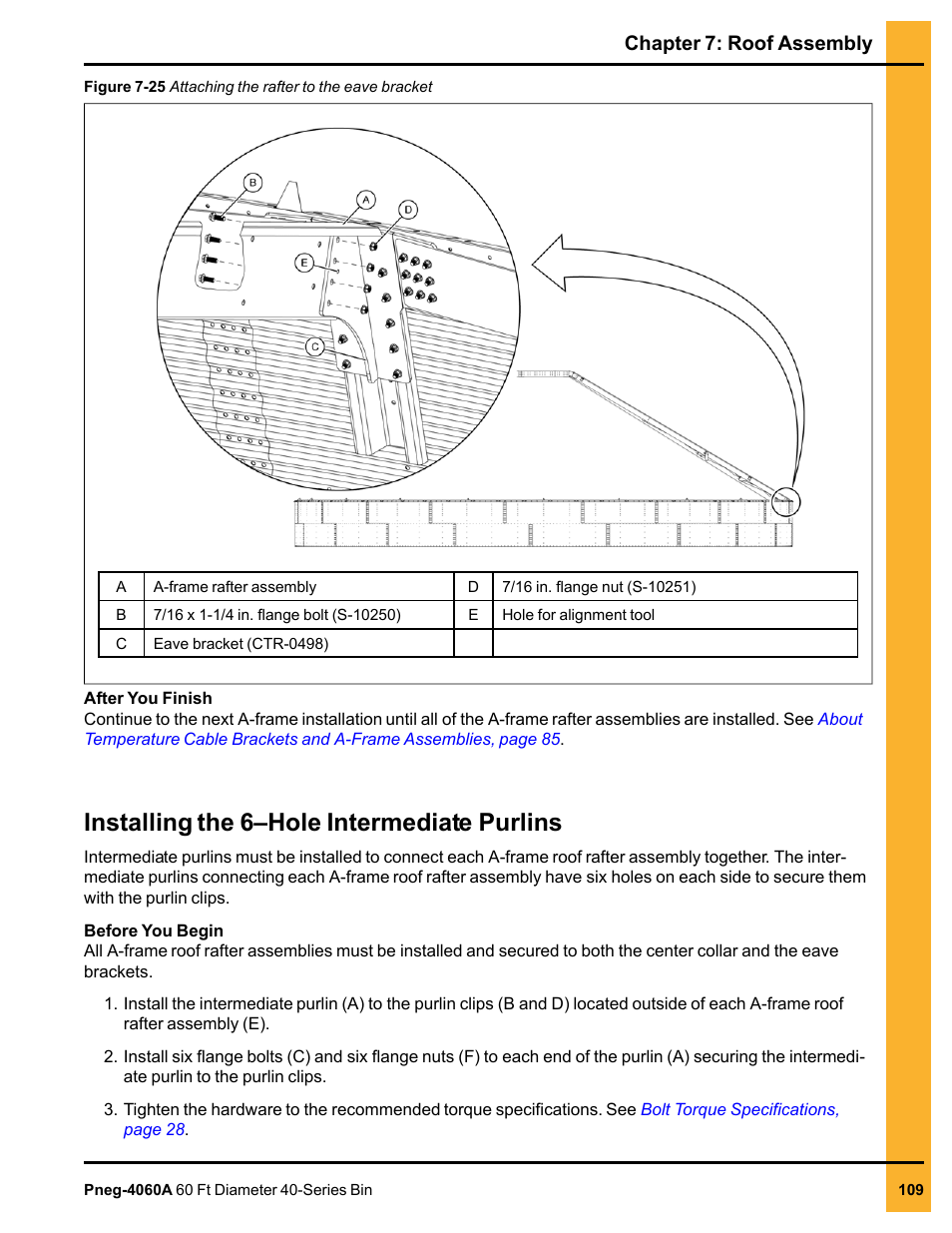 Installing the 6–hole intermediate purlins, Chapter 7: roof assembly | Grain Systems Tanks PNEG-4060A User Manual | Page 109 / 168