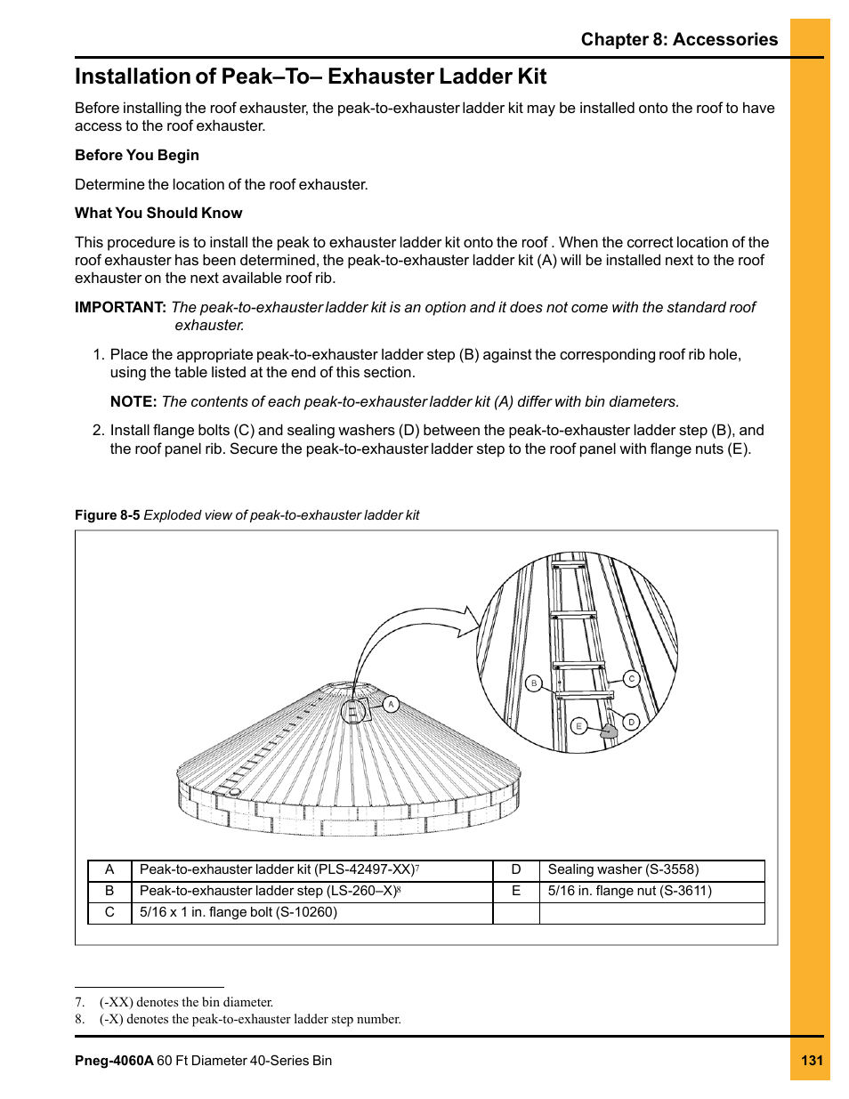 Installation of peak–to– exhauster ladder kit, Chapter 8: accessories | Grain Systems Tanks PNEG-4060A User Manual | Page 131 / 168
