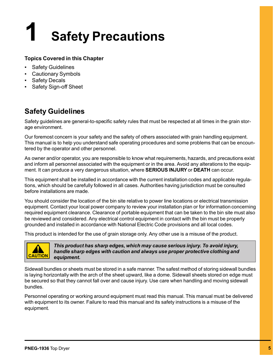 Chapter 1 safety precautions, Safety guidelines, Chapter 1 | Safety precautions safety guidelines, Safety precautions | Grain Systems PNEG-1936 User Manual | Page 5 / 92