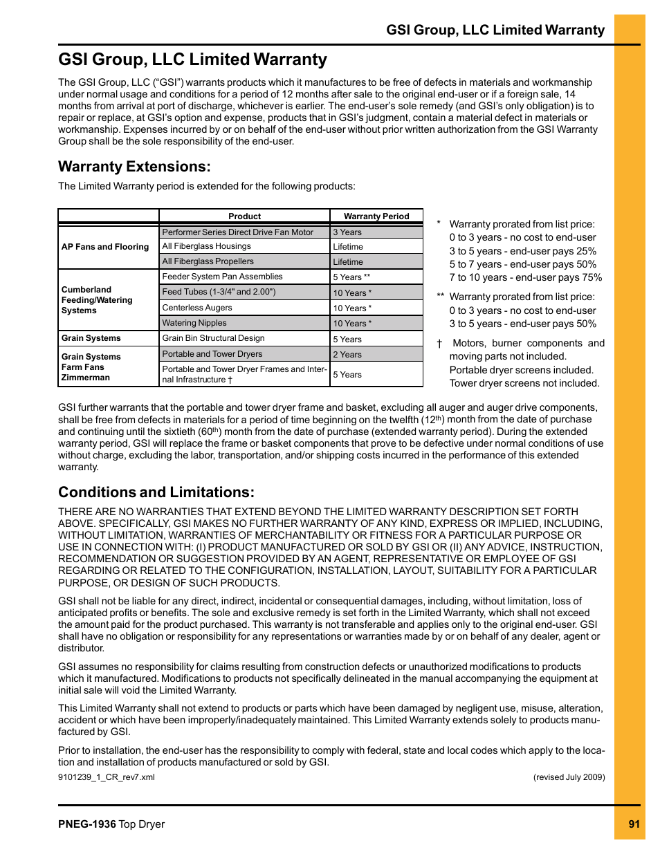 Gsi group, llc limited warranty, Warranty extensions, Conditions and limitations | Grain Systems PNEG-1936 User Manual | Page 91 / 92