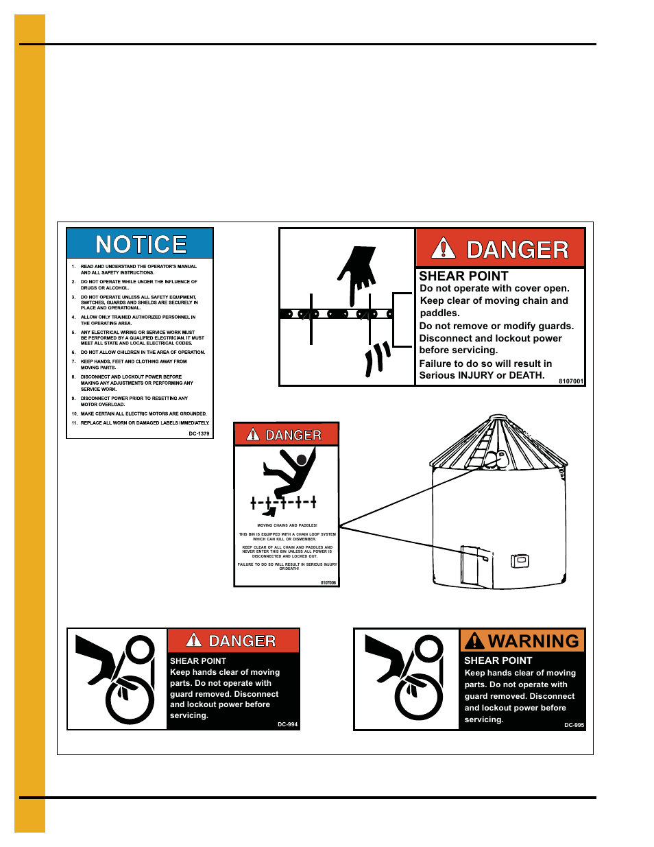 Decals, Chapter 2 decals, Warning | Shear point | Grain Systems Bucket Elevtors, Conveyors, Series II Sweeps PNEG-1128 User Manual | Page 10 / 110