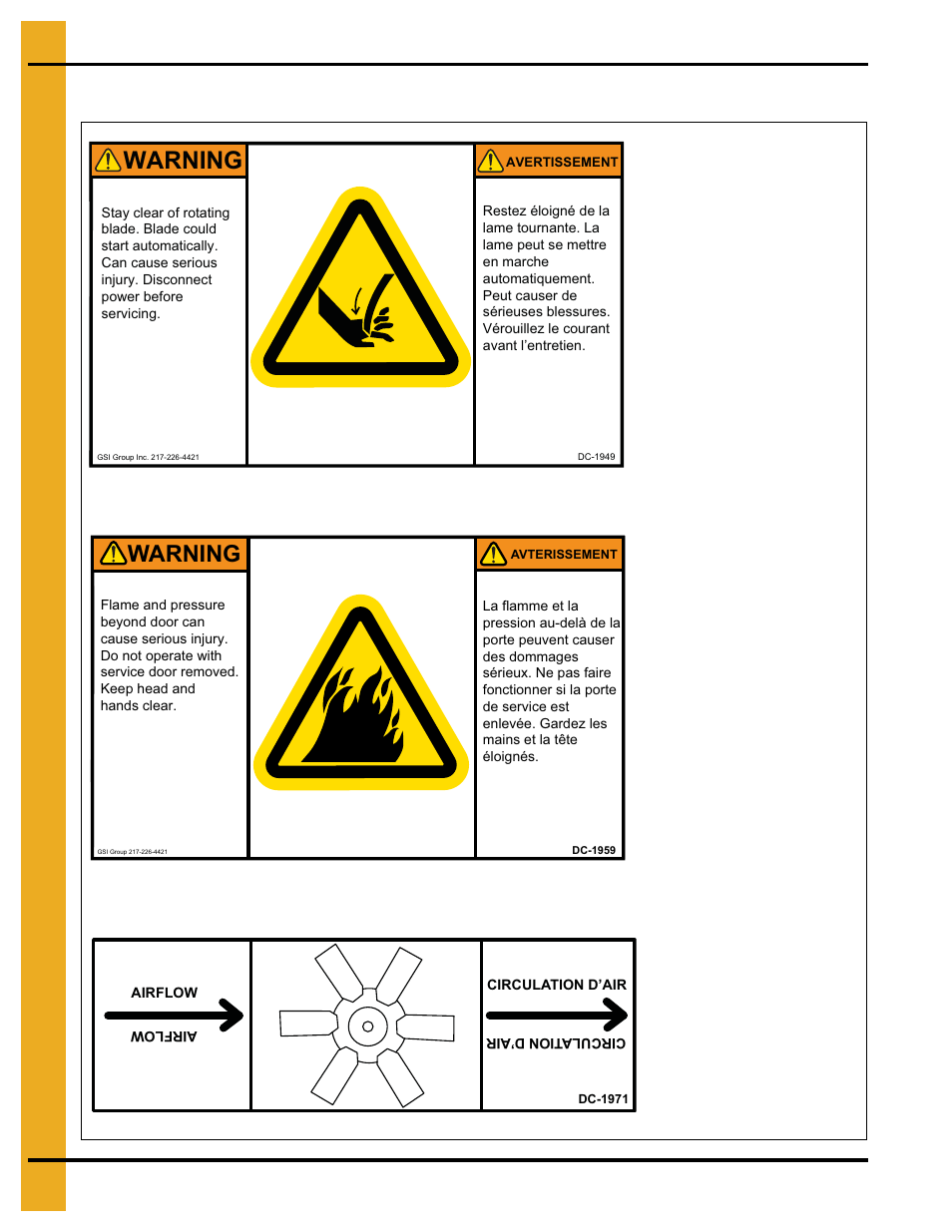 Heater access door decals, Warning, Decals | Grain Systems PNEG-1776 User Manual | Page 10 / 50