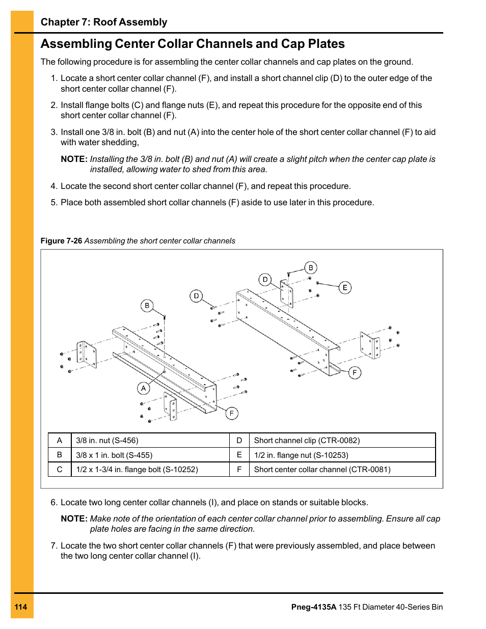 Assembling center collar channels and cap plates, Chapter 7: roof assembly | Grain Systems Tanks PNEG-4135A User Manual | Page 114 / 190