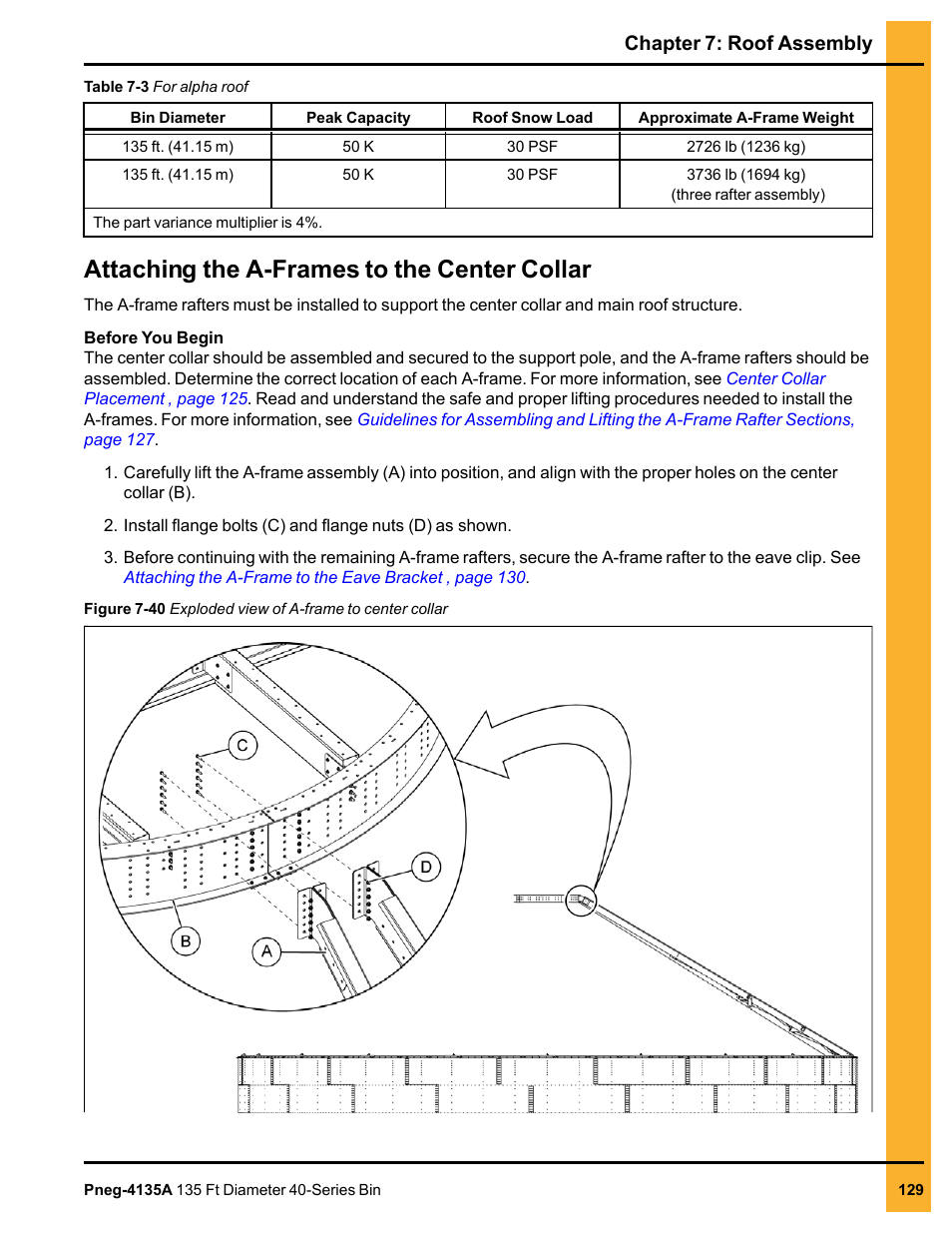 Attaching the a-frames to the center collar, Chapter 7: roof assembly | Grain Systems Tanks PNEG-4135A User Manual | Page 129 / 190