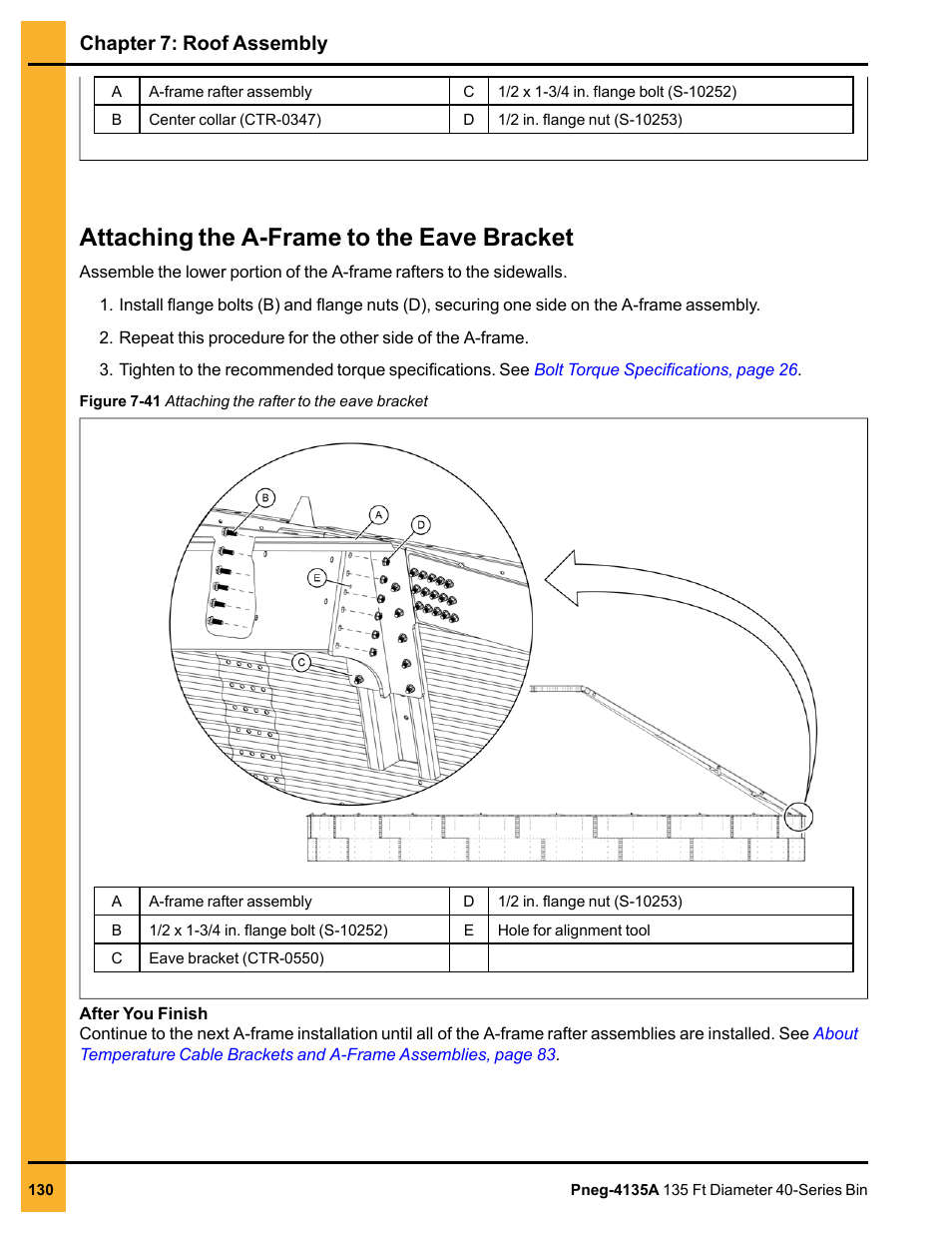 Attaching the a-frame to the eave bracket, Chapter 7: roof assembly | Grain Systems Tanks PNEG-4135A User Manual | Page 130 / 190