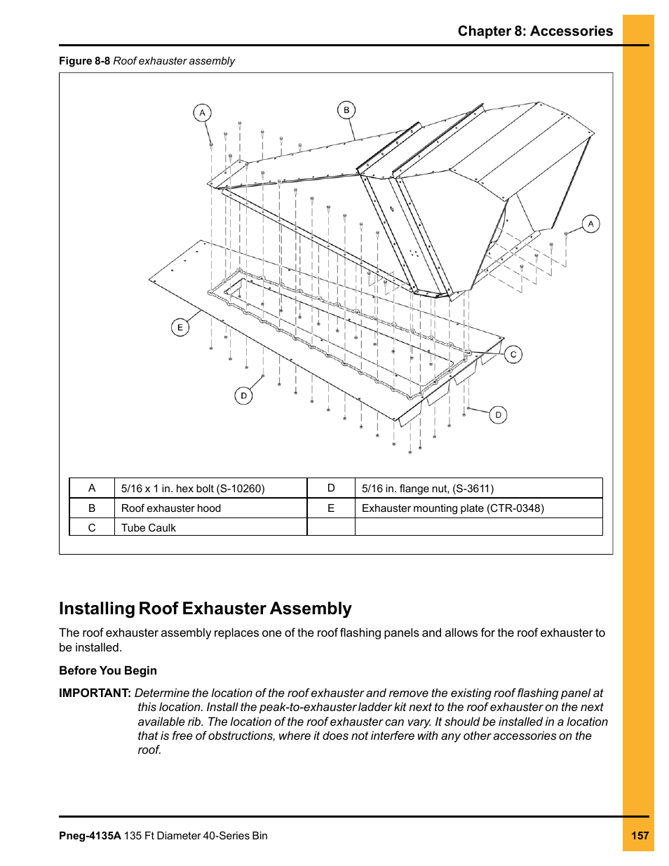 Installing roof exhauster assembly, Chapter 8: accessories | Grain Systems Tanks PNEG-4135A User Manual | Page 157 / 190