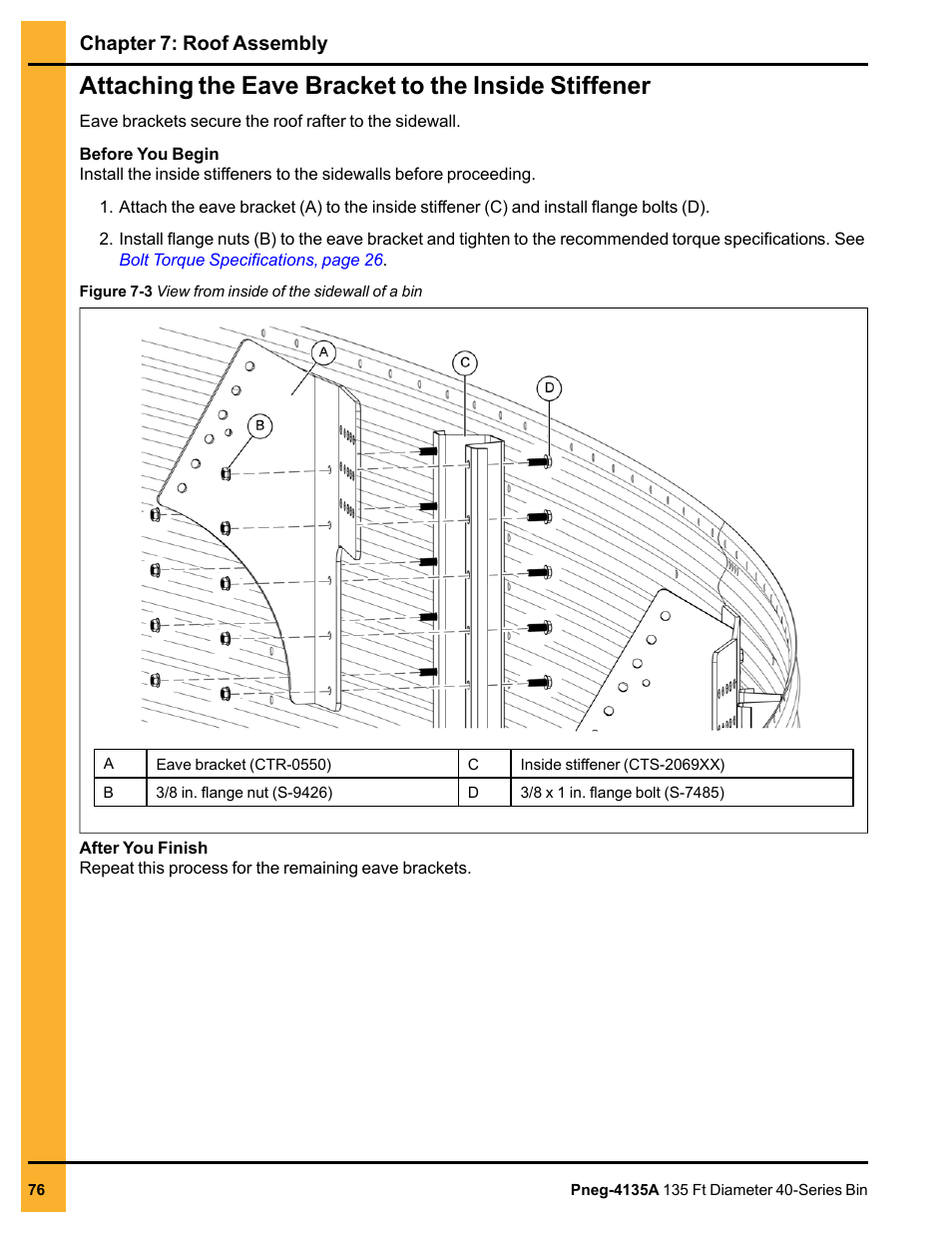 Attaching the eave bracket to the inside stiffener, Chapter 7: roof assembly | Grain Systems Tanks PNEG-4135A User Manual | Page 76 / 190