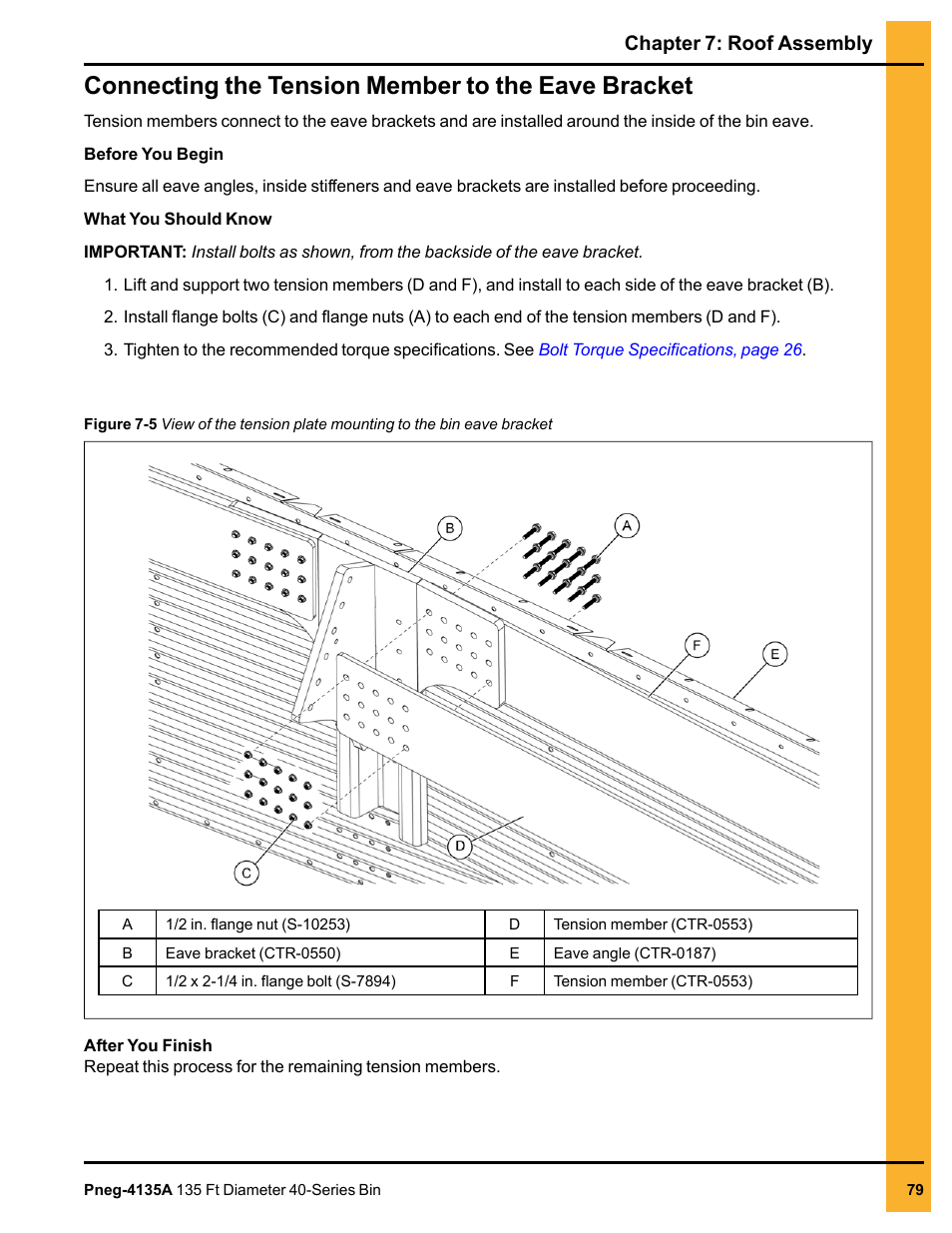 Connecting the tension member to the eave bracket, Chapter 7: roof assembly | Grain Systems Tanks PNEG-4135A User Manual | Page 79 / 190