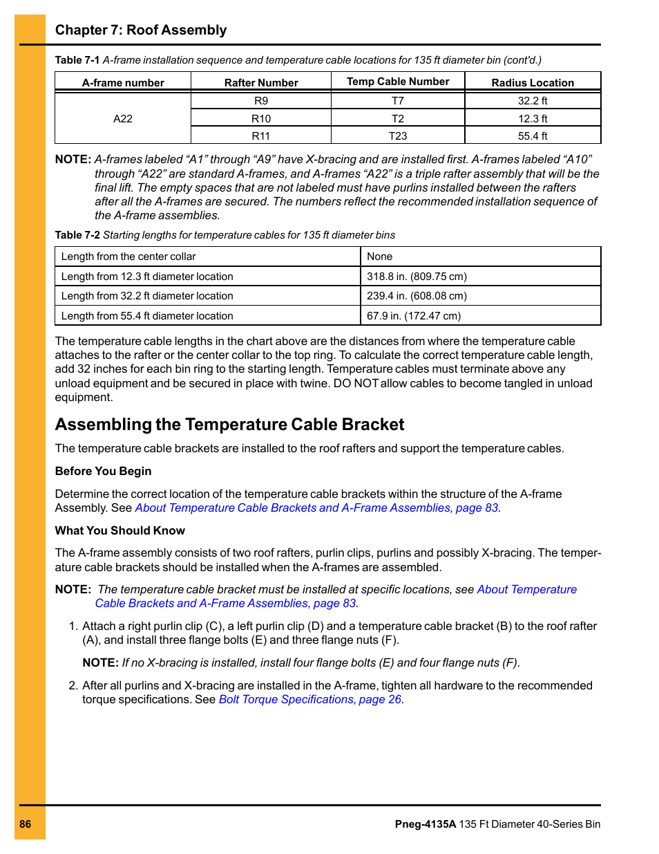 Assembling the temperature cable bracket, Chapter 7: roof assembly | Grain Systems Tanks PNEG-4135A User Manual | Page 86 / 190