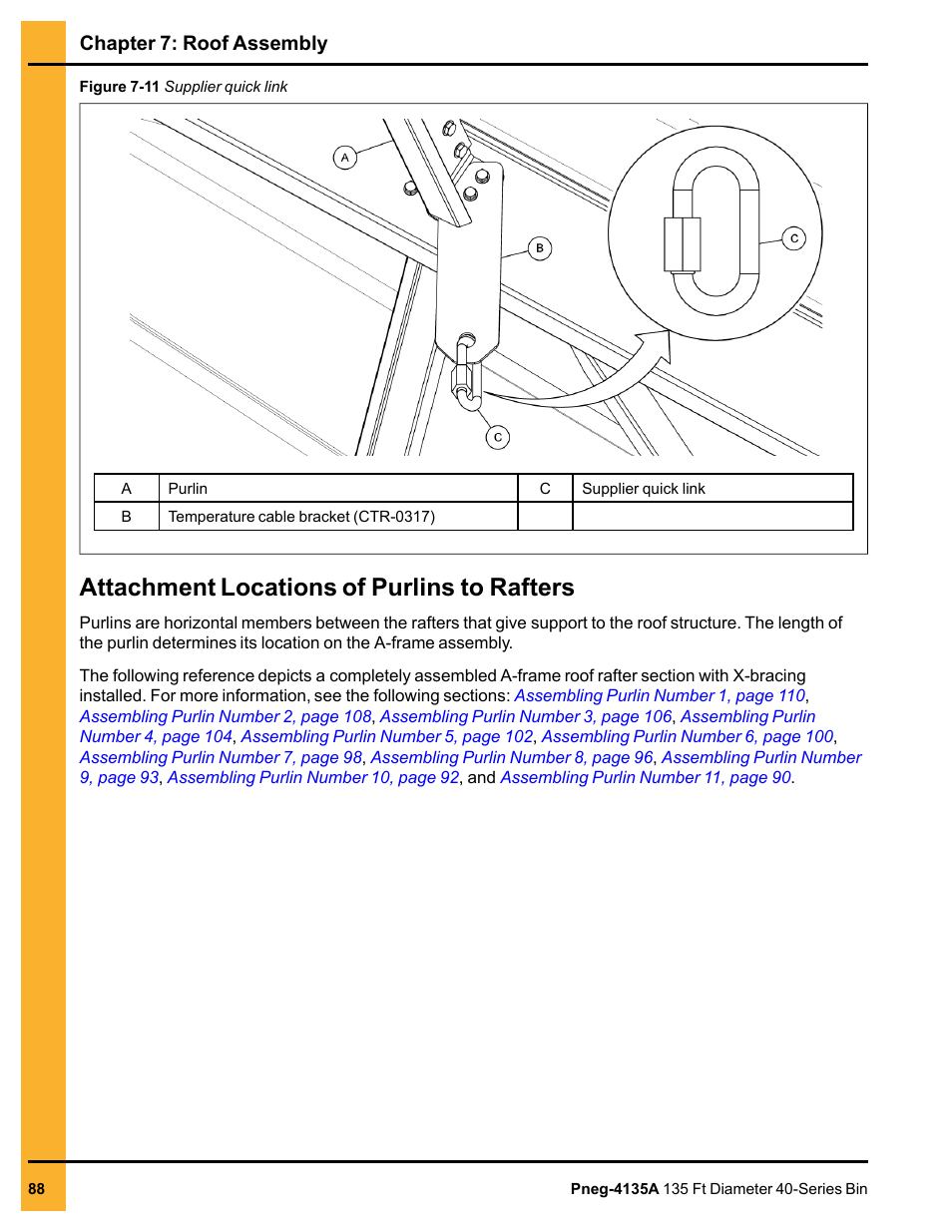 Attachment locations of purlins to rafters | Grain Systems Tanks PNEG-4135A User Manual | Page 88 / 190