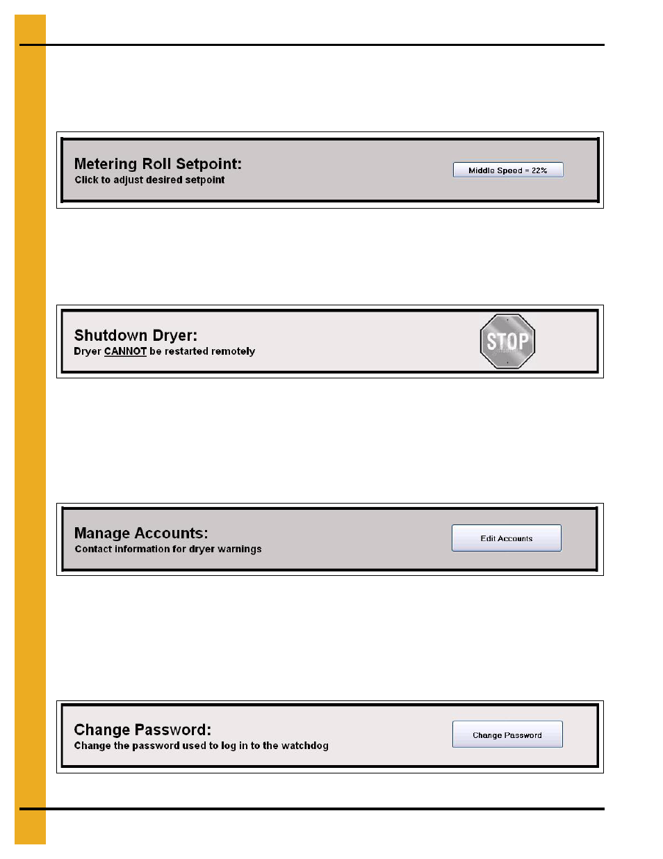 Metering roll speed setpoint, Shutdown dryer, Manage accounts | Change password | Grain Systems PNEG-1745 User Manual | Page 34 / 48