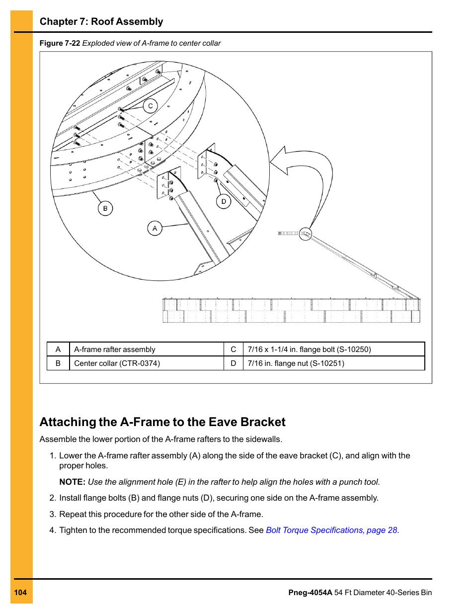 Attaching the a-frame to the eave bracket, Chapter 7: roof assembly | Grain Systems Tanks PNEG-4054A User Manual | Page 104 / 164